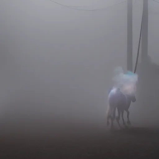 Prompt: misty volumetric multi-color smoke wisps, waft on convection current of air through a low energy cluttered parlor and coalesce into the vague translucent outline of a horse crossing the finish line.