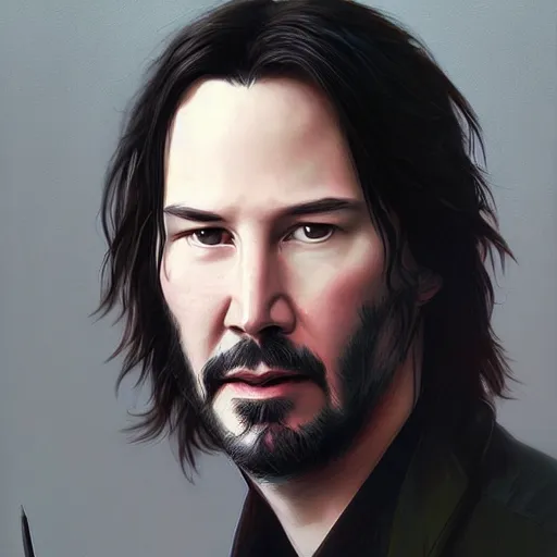 Image similar to portrait of keanu reeves, majestic, elegant, highly detailed, digital painting, artstation, concept art, smooth, sharp focus, illustration, art by artgerm and greg rutkowski and alphonse mucha