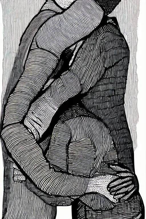 Image similar to graphic art illustration of a single line depicting a couple hugging