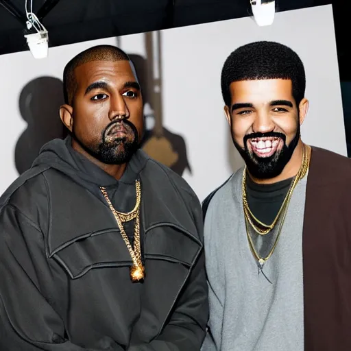 Prompt: A photo of Kanye West and Drake on the set of a music video, 8K concept art, realistic faces, detailed, f/35,