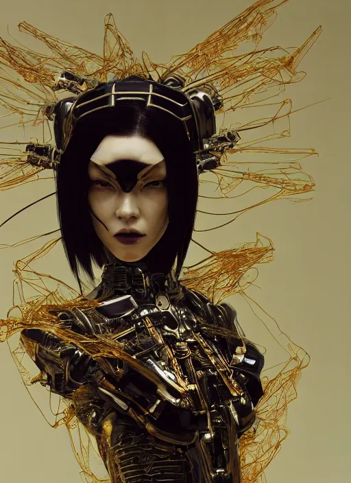 Prompt: close up portrait of a futuristic geisha cyborg, in the style of ghost in the shell, kintsugi, trending on artstation, modern fine art, fractal, intricate, elegant, highly detailed, digital photography, richard avedon and greg rutkowski,