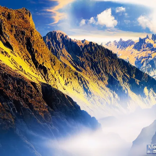 Image similar to wonderful narrow alpine mountain valley, swiss, soft dynamic clouds, astral appearance, cinematic light, sublime, colorful, light shafts, dramatic light, by august malmstrom, blake, best russian painters,, disney, global illumination, rule of thirds, perfect central composition