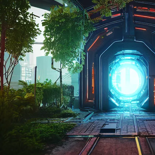 Prompt: portal to a cyberpunk city inside a lush forest, fantasy render, unreal engine 5, octane render, 8k