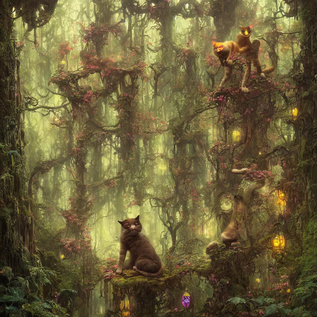 Prompt: a grinning trippy cat, center focused, matte painting, lush fairy forest, neon, concept art, schematics, gnarly details painted by tom bagshaw, norman rockwell, mucha, james gurney, high detail, denoised, sharp, architectural