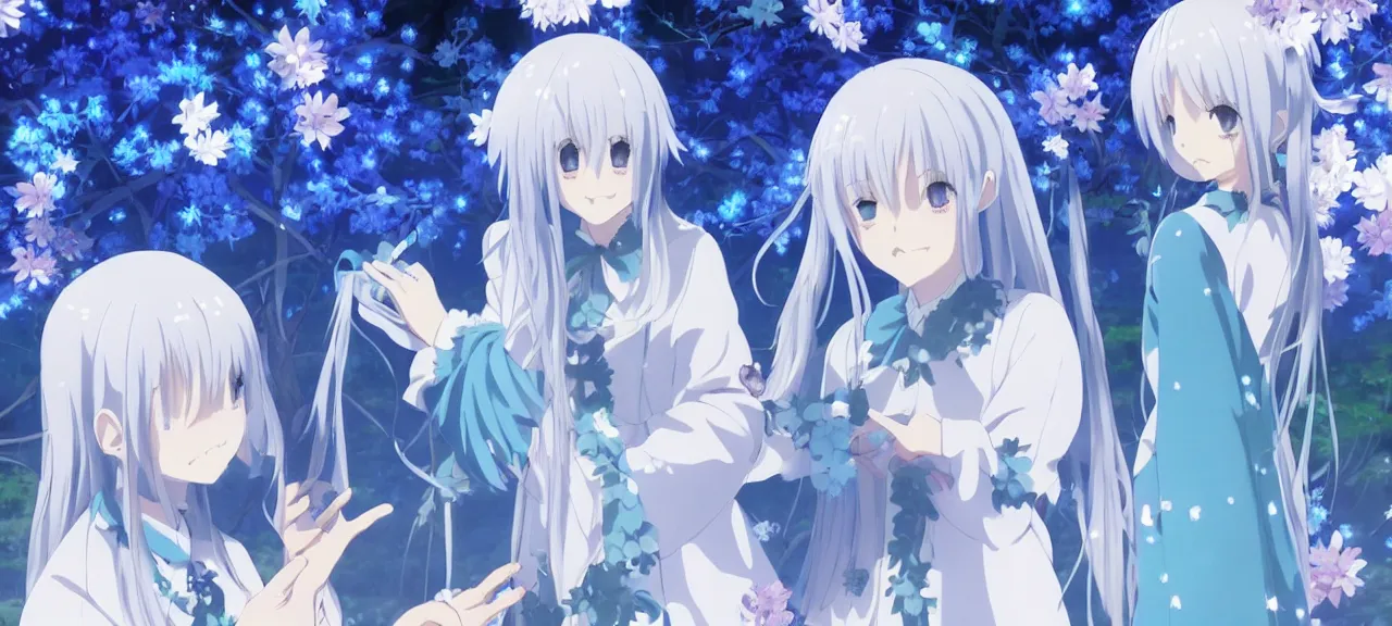 Image similar to Konpaku petting aqua ghost | ghibli clover | Big Moon at Blue Night | Trees with white flowers | bioluminescent blue FLOWERS | strong blue rimlit | visual-key | anime illustration | highly detailed High resolution | Light Novel | Visual Novel | Gosick