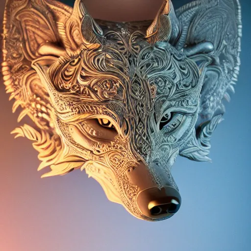 Prompt: A photo-real delicate sculpture of an ornate detailed wolf in front of a intricate background by AJ Fosik, micro detail, backlit lighting, octane renderer, colorful, physically based rendering, tribal art, trending on cgsociety