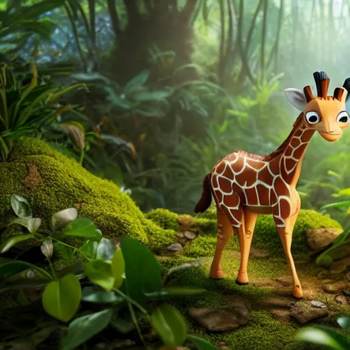 Image similar to giraffe as nendoroid walking in a jungle in the croods movie style, anime, disney, pixar, 8 k, hd, dof, kodak film, volumetric lighting, subsurface scattering, photorealistic, octane render, details