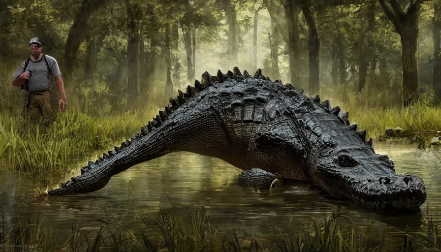 Image similar to Giant alligator in the swamp with hunters around trying to kill it, hyperdetailed, artstation, cgsociety, 8k