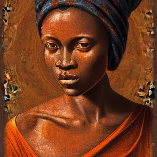 Image similar to fresco of an African woman, realistic, correct details, cosmic dynamic lighting, symmetrical face, accurate face, in the style of renaissance Michelangelo