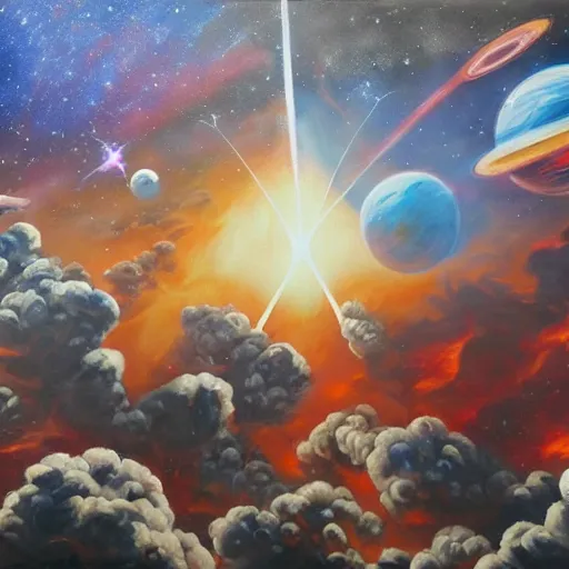 Prompt: war between planets, intergalactic war with spaceships and aliens and explosions in oil painting