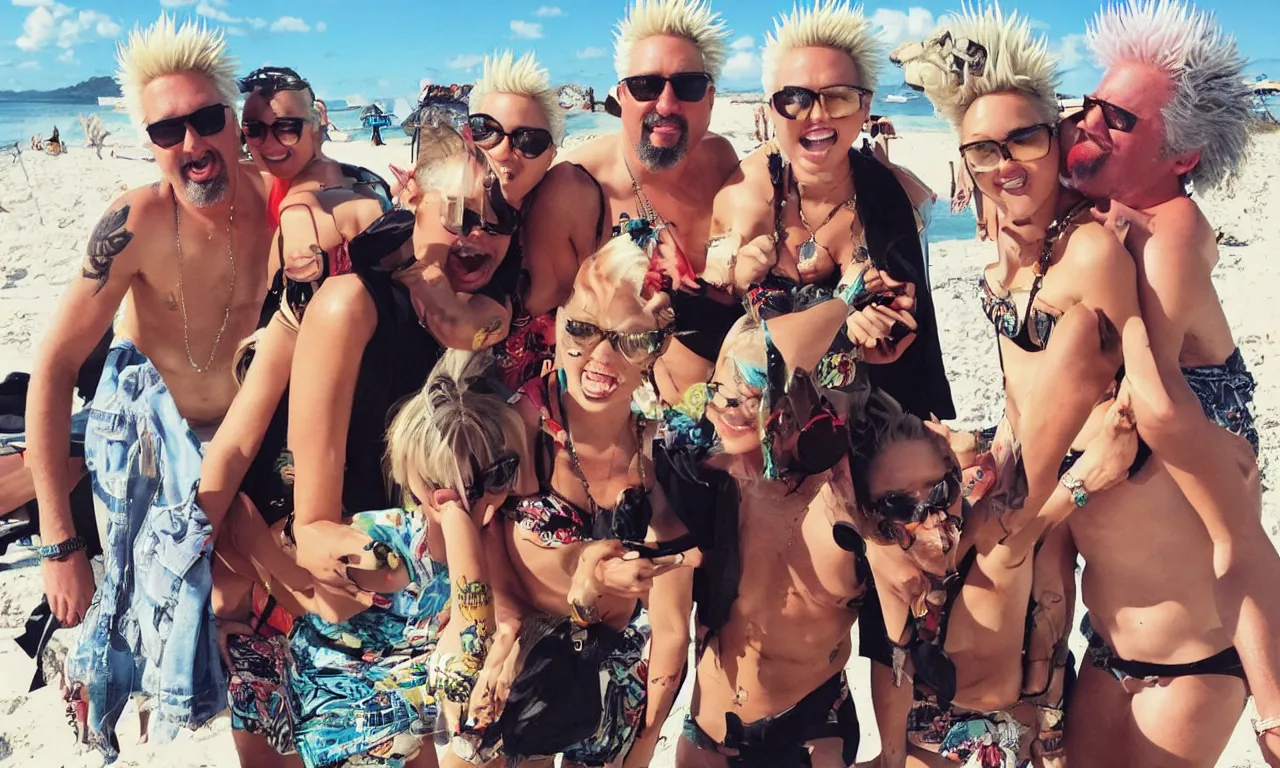 Image similar to olivia munn and miley cyrus and guy fieri on a vacation at the beach