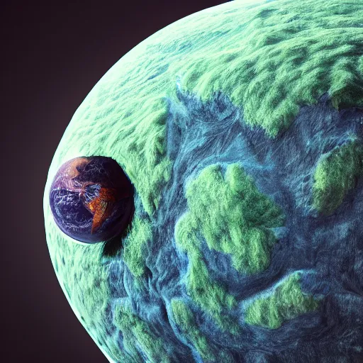 Prompt: Monster holding Earth in hand, we see his face from space, unimaginably huge, beautiful details, HDR, octane render