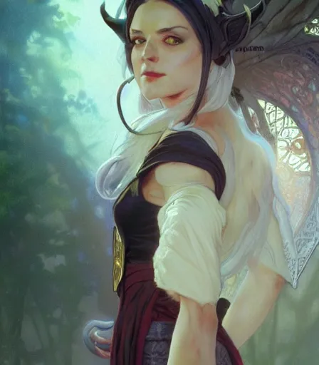 Image similar to Attractive Tiefling Druid,full body,with horns,grinning, portrait, highly detailed, digital painting, artstation, concept art, sharp focus, illustration, art by artgerm and greg rutkowski and alphonse mucha