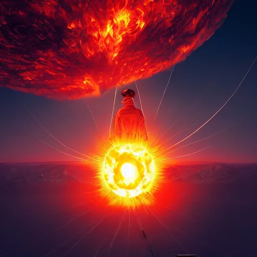 Prompt: floating flames, fibers, forming a gigantic human body standing on the sun, environment, 8 k, lifelike, high detailed, hyper - realistic, cinematic, epic, moody, craig mullens, artstation, nasa, lens dirt