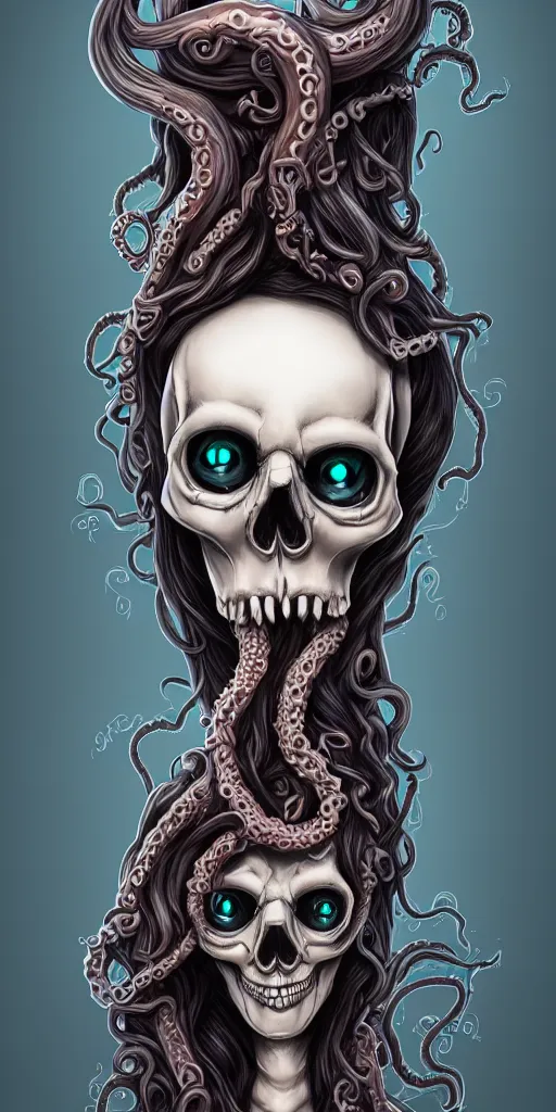 Prompt: a woman skull of death with hair in tentacle, her eyes are lenses by Moebius, chromatic aberration, hyper detailled, trending on artstation