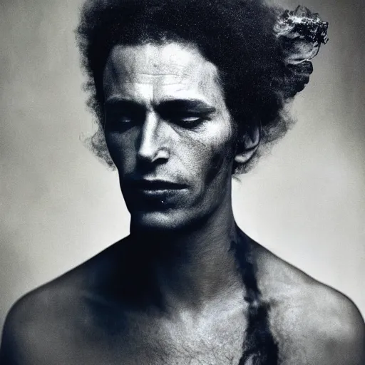 Prompt: annie liebovitz photo of a man with a puff of smoke instead of his head