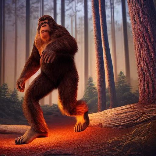 Prompt: bigfoot near a camp fire in a dark forest, highly detailed, photorealistic portrait, bright studio setting, studio lighting, crisp quality and light reflections, unreal engine 5 quality render