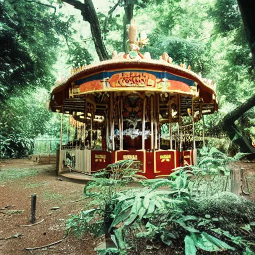 Prompt: an abandoned secret carousel with elaborately intricate carved wooden figures of animals, beachwood treehouse, discovered in a secret garden, hedgemaze, photo taken on kodak film