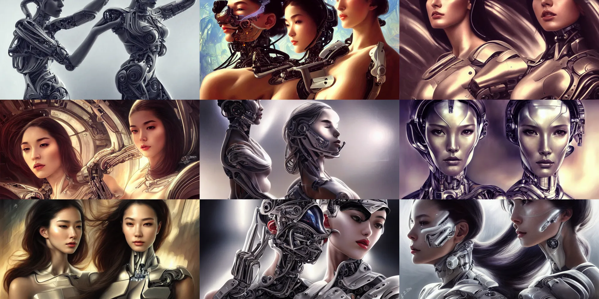 Prompt: ultra realistic beautiful alluring nasa cyborg techno art, gorgeous face and figure, precise human anatomy, dramatic pose, inside futuristic kowloon, sci - fi, fantasy, intricate, elegant, highly detailed, digital painting, artstation, concept art, smooth, sharp focus, illustration, beautiful light and shadows, art by artgerm and tian zi and alphonse mucha and ruan jia