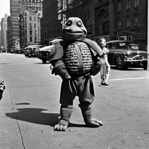 Image similar to Beautiful Portrait Photograph from 1950s of a ninja turtle in the middle of a New York street,