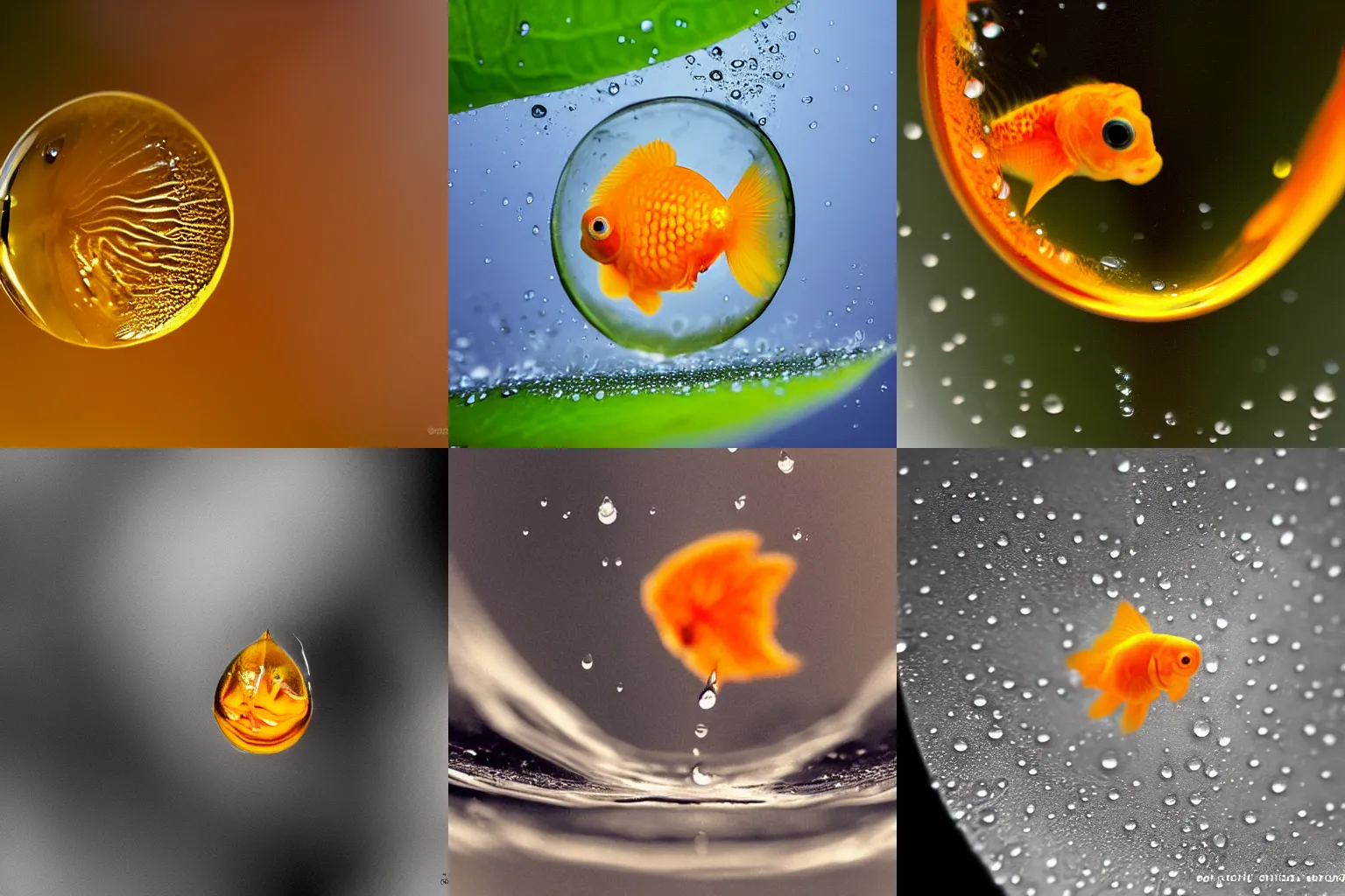 Prompt: extreme macro photography : ( subject = a single water droplet of water on a leaf + subject detail = goldfish encased inside of a water droplet )