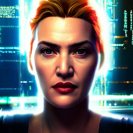 Image similar to kate winslet portrait, cyberpunk 2 0 7 7, cyberpunk judy alvarez, photorealistic, ultra detailed, neon, octane, bokeh, cinematic lighting, cyber, cyberpunk city, studio quality, feature, scars, cyberface, 8 k