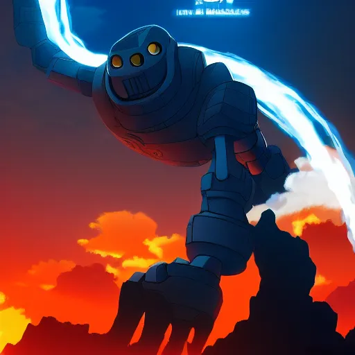 Prompt: Iron giant descending from heaven, 4k, HD, artstation, cinematic,