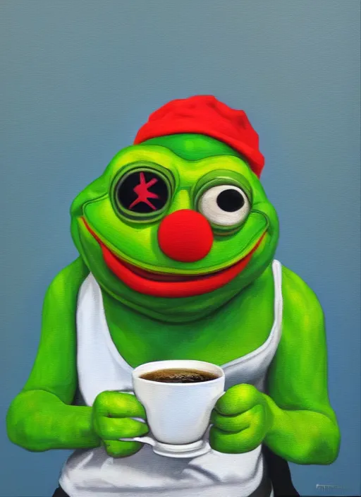 Prompt: clown pepe the frog drinking coffee, global illumination, oil paint, depth