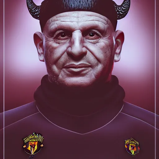 Image similar to avram glazer as the devil reincarnate, owner of manchester united football club, portrait, pure evil, devils horns, avram glazer, satan, hell, 8 k, hyperrealism, symmetry, cinematic lighting - h 9 6 0