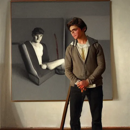 Prompt: Harold knight painting of zach efron posing in a studio,