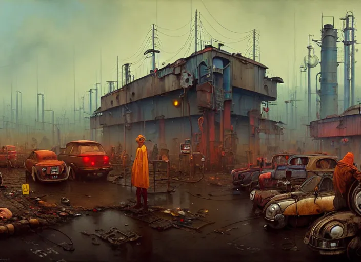 Prompt: waiting in line for crude oil by simon stalenhag and gil elvgren and tom bagshaw and marc simonetti and jan miense molenaer and arthur adams, slums, highly detailed, hyperrealism, cloudy, smog, high contrast, smogpunk, oilpunk, high saturation, intricate complexity
