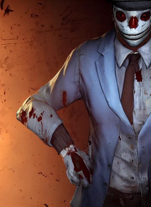 Image similar to man in his 20s with short brown hair wearing a blue business suit as a killer on Dead by Daylight character, portrait