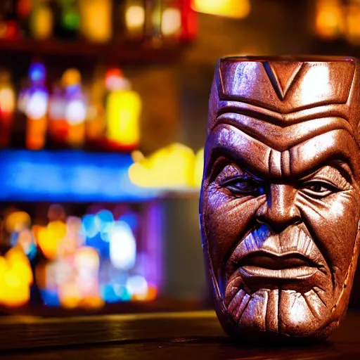 Image similar to a closeup photorealistic photograph of a glossy thanos style tiki mug sitting at a trader vic's bar featuring the face of thanos. tiki party. bright scene. fine detail. this 4 k hd image is trending on artstation, featured on behance, well - rendered, extra crisp, features intricate detail, epic composition and the style of unreal engine.