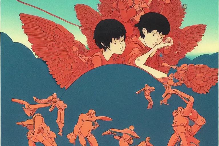 Image similar to gigantic evangelion angels with human faces catch tiny threads, a lot of exotic mechas robots around, human heads everywhere, risograph by kawase hasui, dirtyrobot, edward hopper, satoshi kon and moebius, colorful flat surreal design, super - detailed, a lot of tiny details, fullshot