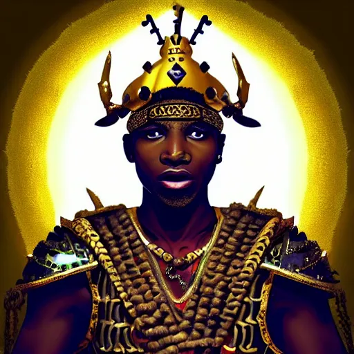 Image similar to a young black boy dressed like an african moorish warrior, wearing golden armor and a crown with a ruby and a black diamond in his forehead, posing with a very ornate glowing electric spear!!!!!!!!, for honor character digital illustration portrait design, by android jones in a psychedelic fantasy style, dramatic lighting, hero pose, wide angle dynamic action shot