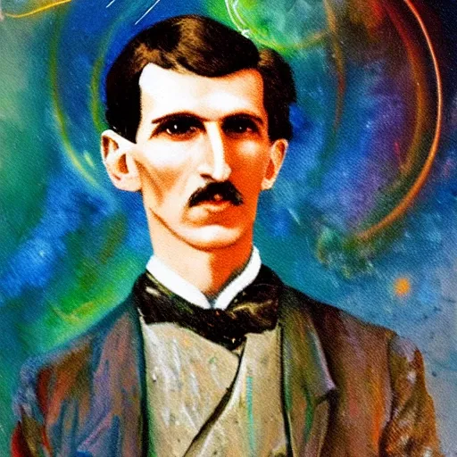 Prompt: An abstract painting of young Nikola Tesla, the background is filled with explosion of electricity