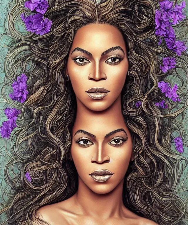 Image similar to facial portrait of Beyonce as a young pretty woman in flowing dress, arrogant, mysterious, long fine flowing hair, delicate, looking at camera, slightly awkward smile, realistic face, no hands visible, intricate, stylish, elegant, grimdark fantasy, flowers, extremely detailed painting by Martine Johanna and Ernst Haeckel and Greg Rutkowski