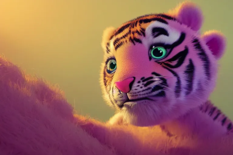 Image similar to a cute baby tiger cub, soft fur texture, pastel colours, colorful, glitter crystal, cute, pixar animation style, detailed, soft light, octane render, 4 k