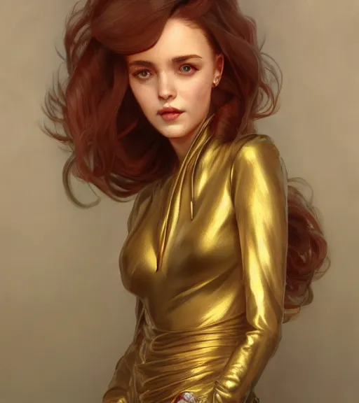 Image similar to a girl wearing a golden dress, grey hair, red necktie, cinematic, stunning, highly detailed, digital painting, artstation, smooth, hard focus, full body shot, illustration, art by artgerm and greg rutkowski and alphonse mucha