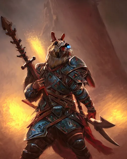 Image similar to Huge guinea pig warrior in armor holding a two-handed battle axe, portrait, woodlands, magic the gathering artwork, D&D, fantasy, cinematic lighting, centered, symmetrical, highly detailed, digital painting, artstation, concept art, smooth, sharp focus, illustration, volumetric lighting, epic Composition, 8k, art by Akihiko Yoshida and Greg Rutkowski and Craig Mullins, oil painting, cgsociety