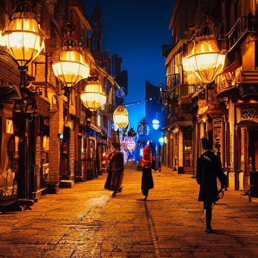 Image similar to a street level photo of a fantasy steampunk victorian city street, with people walking on the streets, at night, 4k, canon 5D