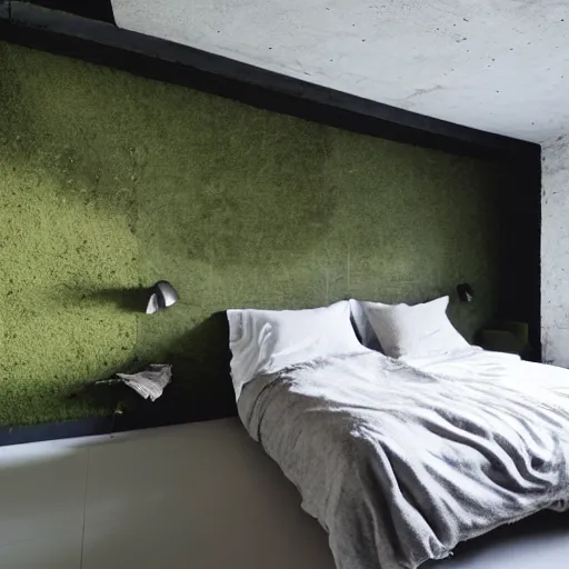 Prompt: concrete brutality bedroom interior, moss lining the walls, morning sunlight