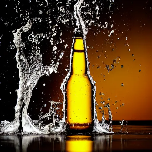 Prompt: a photo of a bottle of beer, product photo, splashes of liquid, energetic, delicate by marcel christ