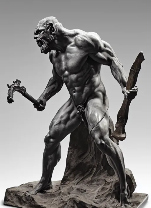 Image similar to a full figure rough marble sculpture of Giant Orc holding a sword by Rodin and Bernini