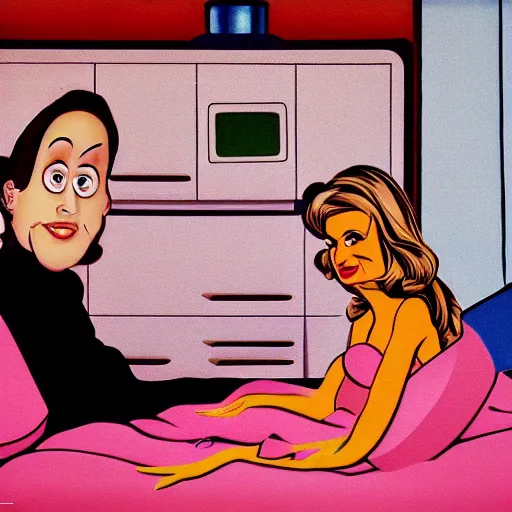 Prompt: bored housewife meets a man with an inflatable cartoon face in a seedy motel room, 1982 color Fellini film, ugly motel room with bad art on the dirty walls, archival footage, technicolor film, 16mm, live action, John Waters, wacky children's tv campy comedy