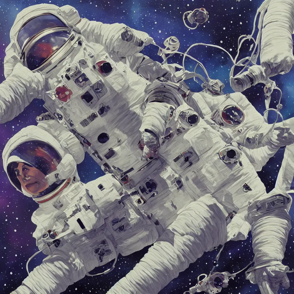 Prompt: one astronaut with headphone playing keyboard in the space, digital painting, digital art, illustrated by alex ross