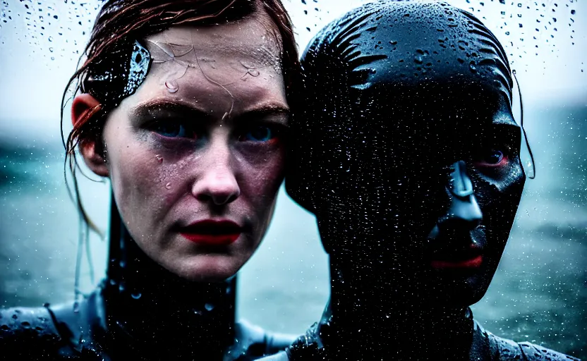 Image similar to cinestill 5 0 d candid photographic portrait by christopher nolan of two loving female androids wearing rugged black mesh techwear in treacherous waters, extreme closeup, modern cyberpunk moody emotional cinematic, pouring rain, 8 k, hd, high resolution, 3 5 mm, f / 3 2, ultra realistic faces, ex machina