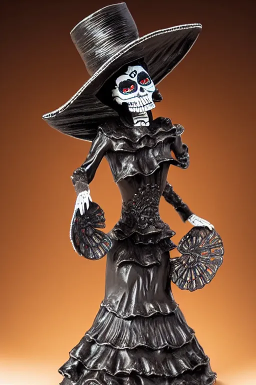 Image similar to intricate and detailed dancing Mexican La Catrina statue made on embossed polished clay by Antonio Corradini