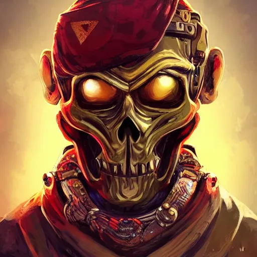 Image similar to a golden skull face monkey warrior with a ruby in his forehead, Apex Legends character digital illustration portrait design, by android jones, detailed, cinematic lighting, wide angle action dynamic portrait