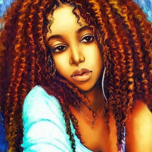 Image similar to brown skinned somali woman, curly hair, somali attire, dreamy, impressionist, figurative